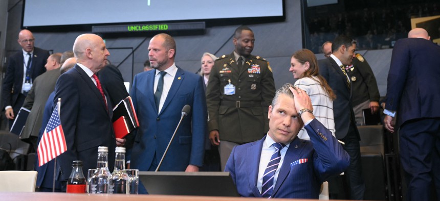 Defense Secretary Pete Hegseth at a NATO Ministers of Defence Summit at the NATO headquarters in Brussels on October 15, 2025.