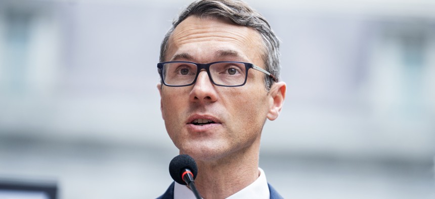 Rep. James Walkinshaw, D-Va., speaks during a news conference with Maryland and Virginia Congressional Democrats to speak out against the Trump Administration's "illegal mass firings of public servants," across the street from the Eisenhower Executive Office Building on Tuesday, October 14, 2025.