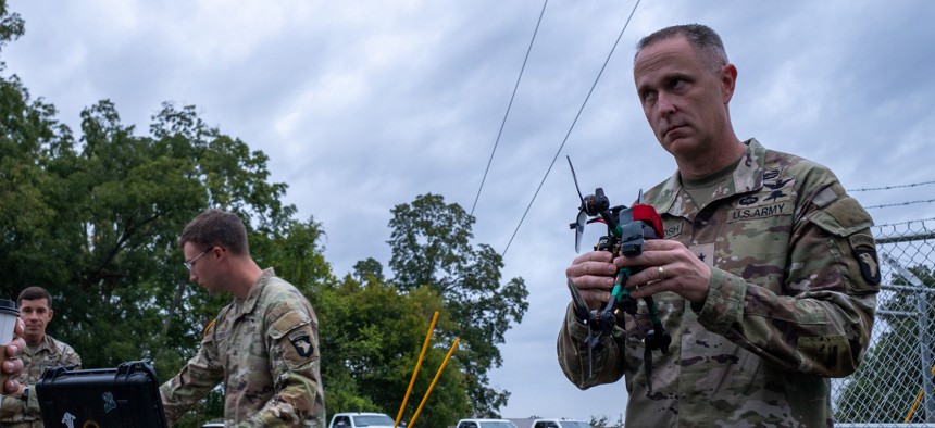 Brig. Gen. Travis McIntosh discusses the Attritable Battlefield Enabler (ABE) 1.01 at the Rakkasan drone area on Fort Campbell, Kentucky, on October 6, 2025. 