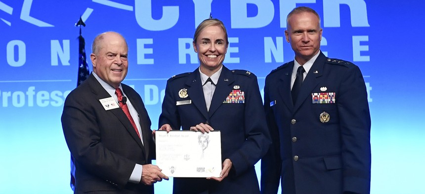 Then-Col. Rebecca Vernon received the Stuart R. Reichart Award for Lawyers at the Air Force Association's Air, Space and Cyber Conference on Sept. 16, 2019.