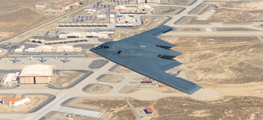 A B-2 Spirit assigned to the 419th Flight Test Squadron flies over Edwards Air Force Base, Calif., prior to landing, July 17, 2024.
