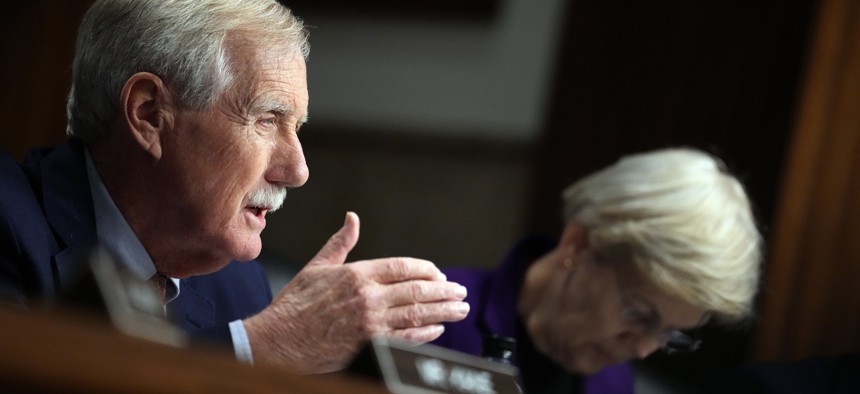 U.S. Sen. Angus King (I-ME) questions Pete Hegseth, then the nominee to be Defense Secretary, on Capitol Hill on January 14, 2025.