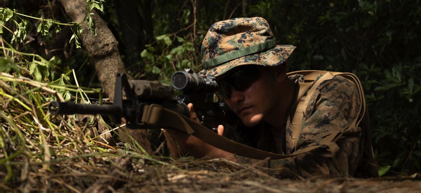 A low-altitude air defense gunner with the 12th Marine Littoral Regiment, 3rd Marine Division, provides security during Resolute Dragon 25 at Kin Blue Beach Training Area, Okinawa, Japan, Sept. 21, 2025. 