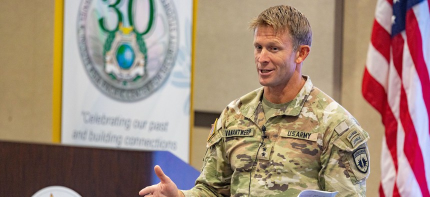 Maj. Gen. Jeffrey VanAntwerp, commander of Special Operations Command Pacific, speaks to fellows at the Daniel K. Inouye Asia-Pacific Center for Security Studies on August 25, 2025.