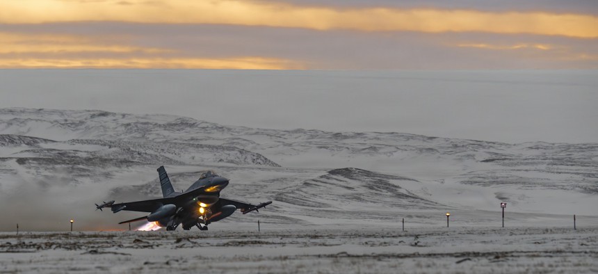 An F-16 Fighting Falcon fighter aircraft takes off at Pituffik Space Force Base, Greenland, Oct. 9, 2025.