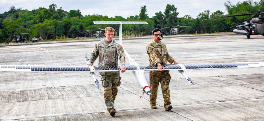 U.S. Army unmanned aircraft system operators assigned to 1st Multi-Domain Task Force, U.S. Army Pacific, escort a K1000 drone in support of Salaknib 25 at Fort Magsaysay, Philippines, May 29, 2025.