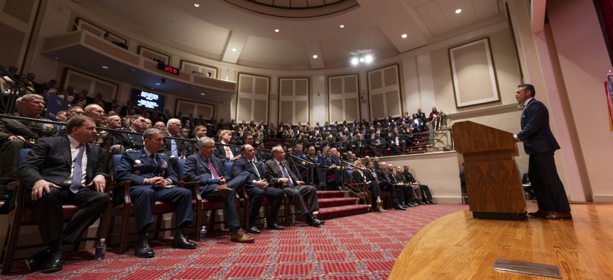 Defense Secretary Pete Hegseth delivers remarks at the National War College at Fort McNair, Washington, D.C., Nov. 7, 2025.