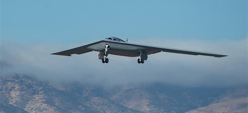 A B-21 Raider joins flight testing at Edwards Air Force Base, Calif., Sept. 11, 2025.