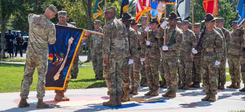 Army Chief of Staff Gen. Randy A. George attached the Superior Unit Award to the colors of the Training and Doctrine Command during a Sept. 26, 2025, ceremony at Fort Eustis, Va., to mark the command's impending deactivation.
