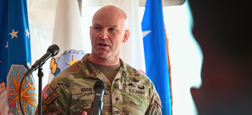 U.S. Army Brig. Gen. Matt Ross, who leads Joint Interagency Task Force 401, spoke on Sept. 18, 2025, at  Falcon Peak 25.2, a NORAD/NORTHCOM experiment event at Eglin Air Force Base, Florida. 