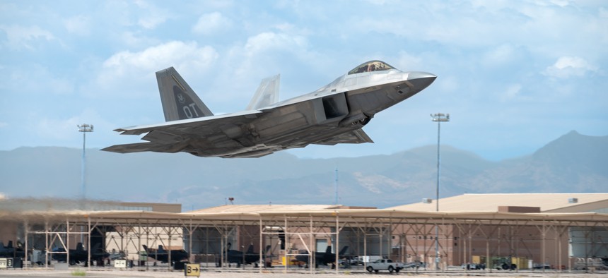 An F-22 Raptor assigned to the 422nd Test and Evaluation Squadron (TES), takes off for a mission from Nellis Air Force Base, Nevada, Aug. 26, 2025.