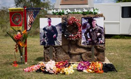 Leis at a memorial site during the commemoration ceremony for the 2015 fatal training accident at Marine Corps Training Area Bellows, Hawaii, May 17, 2025. 