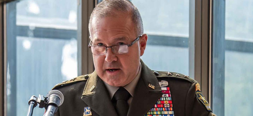 Lt. Gen. Anthony R. Hale, the Army deputy chief of staff for intelligence, delivers remarks during Brig. Gen. Sean P. Stinchon's promotion ceremony at Club Meade, Fort Meade, Maryland, July 9, 2025.