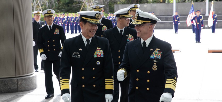 Chief of Naval Operations Adm. Daryl Caudle and his Japanese counterpart, Adm. Saito Akira, chief of staff for the Japan Maritime Self-Defense Force, in Tokyo, Nov. 18, 2025.