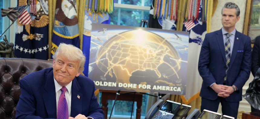 President Donald Trump announces plans for Golden Dome, alongside Secretary of Defense Pete Hegseth, at the White House on May 20, 2025 in Washington, DC. 