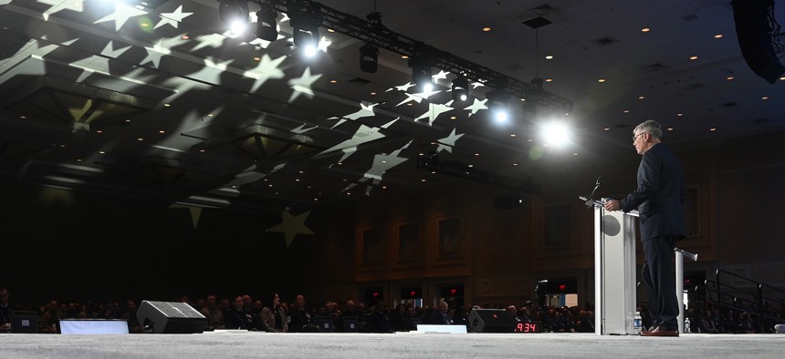 Secretary of the Air Force Troy Meink delivers a keynote address during the Air, Space and Cyber Conference at National Harbor, Md., Sept 22, 2025. 