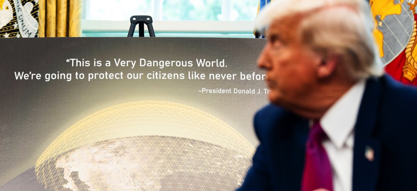 US President Donald Trump during an announcement of plans for the Golden Dome defense system in the Oval Office of the White House on May 20, 2025.