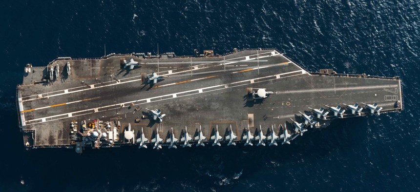 USS Gerald R. Ford in July 2025, before it was redirected to hunt speedboats in the Caribbean Sea.