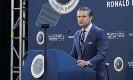 Defense Secretary Pete Hegseth speaks at the Reagan National Defense Forum on Dec. 6, 2025, at the Ronald Reagan Presidential Library in Simi Valley, California.