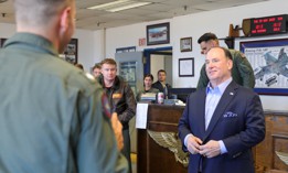 Navy Secretary John Phelan speaks to sailors assigned to Strike Fighter Squadron 106 a board Naval Air Station Oceana, Va., Nov. 17, 2025.