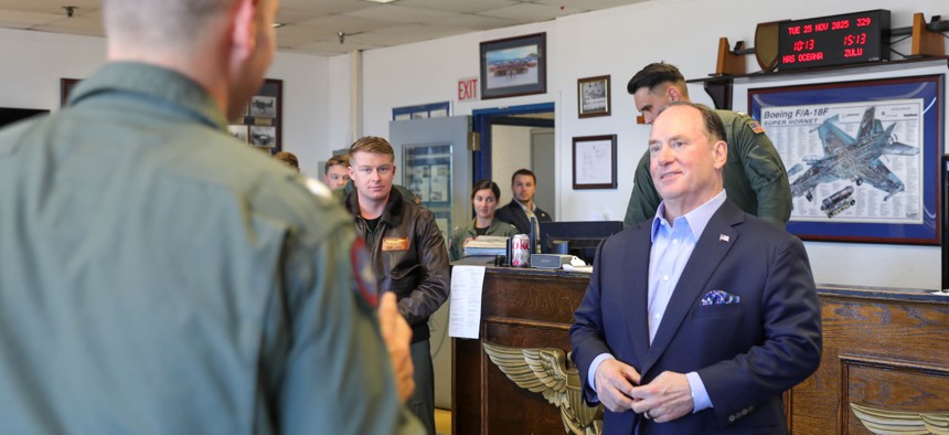 Navy Secretary John Phelan speaks to sailors assigned to Strike Fighter Squadron 106 a board Naval Air Station Oceana, Va., Nov. 17, 2025.