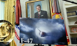 A rendering of the F-47 fighter jet displayed in the Oval Office on March 21, 2025. 