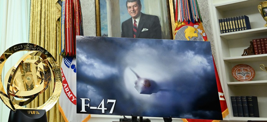 A rendering of the F-47 fighter jet displayed in the Oval Office on March 21, 2025.
