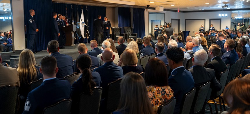 Guardians, instructors, and guests gather during the Officer Training Course graduation at Peterson Space Force Base, Colorado, Aug. 28, 2025. 