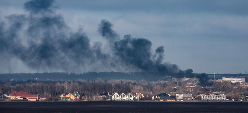 Smoke rises over Sumy, Ukraine, after a Russian attack on an electrical substation left part of the city without electricity or water on November 30, 2025.