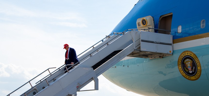 President Donald Trump deplanes at Selfridge Air National Guard Base, Michigan, April 29, 2025.