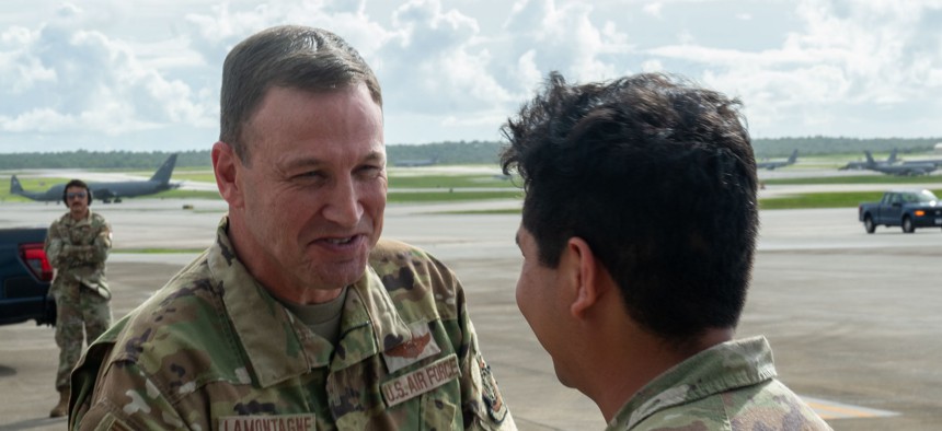 Gen. Johnny Lamontagne says farewell to a C-17 crew member after arriving at Andersen Air Force Base, Guam, July 14, 2025.