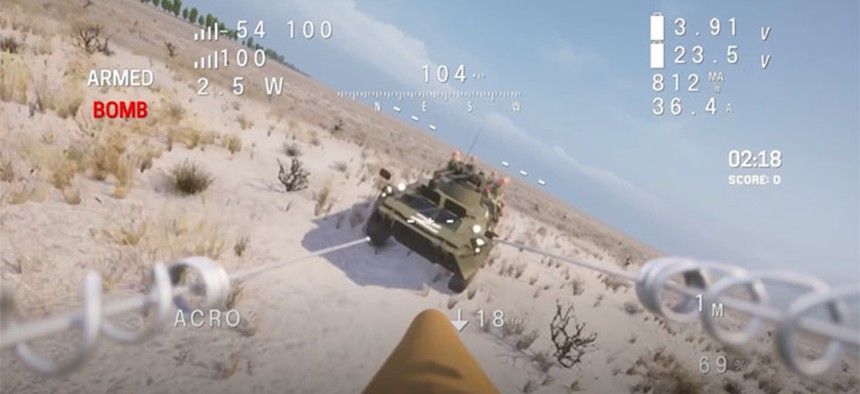 In-game footage of the Ukrainian Fight Drone Simulator.