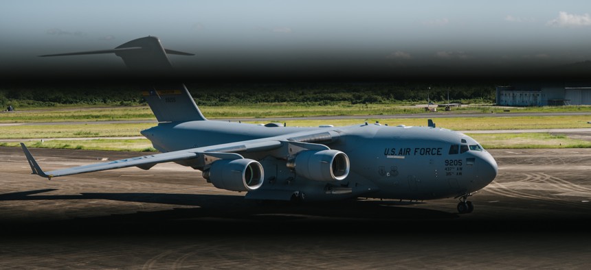 A U.S. Air Force C-17 Globemaster III taxis down the runway in Ceiba, Puerto Rico, Nov. 21, 2025.