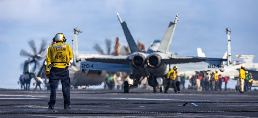 Flight operations on the USS Gerald R. Ford (CVN 78), underway in the Caribbean Sea, for Operation Southern Spear on Dec. 16, 2025.