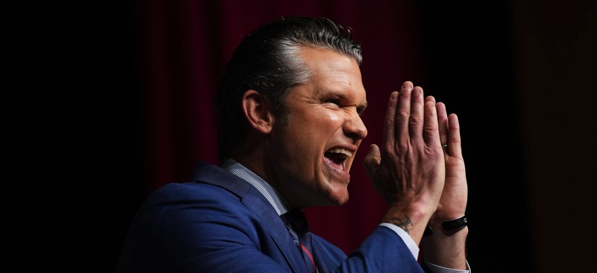 Defense Secretary Pete Hegseth speaks at Marine Corps Base Quantico on September 30, 2025, after summoning almost 800 generals, admirals and their senior enlisted leaders from around the world on short notice.
