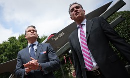 Defense Secretary Pete Hegseth is briefed on the XQ-58A Valkyrie by Emil Michael (R), under secretary of defense for research & engineering at the Pentagon, July 16, 2025.