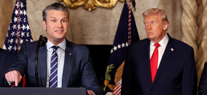 Defense Secretary Pete Hegseth speaks after President Donald Trump announced plans for a “Trump-class battleship" at Trump’s Mar-a-Lago estate on December 22, 2025, in Palm Beach, Florida. 