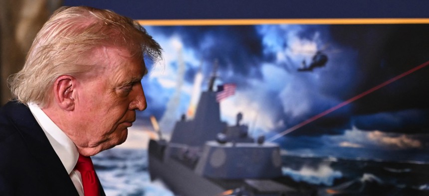  President Donald Trump leaves after unveiling a proposed new class of warships at Mar-a-Lago in Palm Beach, Florida, on December 22, 2025. 