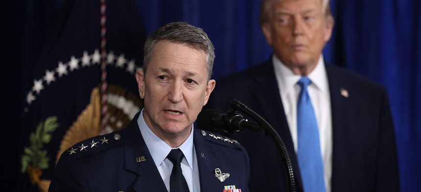Chairman of the Joint Chiefs of Staff Dan Caine speaks during a press conference with U.S. President Donald Trump at Mar-a-Lago club on January 3, 2026, in Palm Beach, Florida.