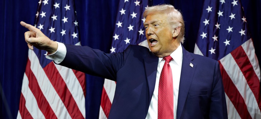 President Donald Trump departs after speaking during a House Republican retreat at The John F. Kennedy Center for the Performing Arts on January 6, 2026.