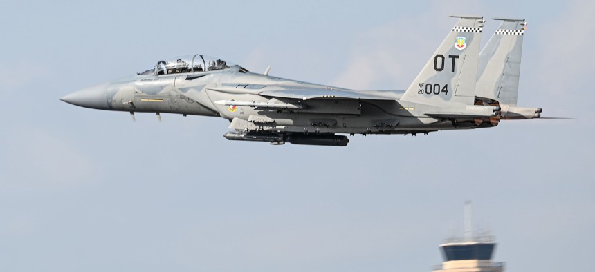 Air Force Secretary Troy Meink flies in an F-15EX Eagle II at Eglin Air Force Base, Florida, Nov. 21, 2025.