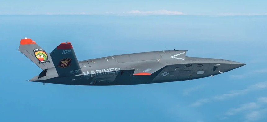 A Kratos XQ-58 Valkyrie in Marine Corps livery makes a test flight in 2024.