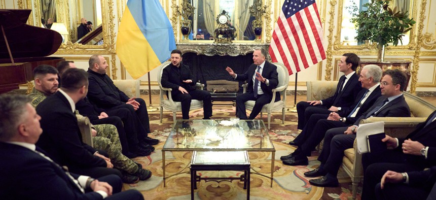 President of Ukraine Volodymyr Zelenskyy meets with representatives of U.S. President Donald Trump's team, including FAS Commissioner Josh Gruenbaum (R) in Paris January 6.