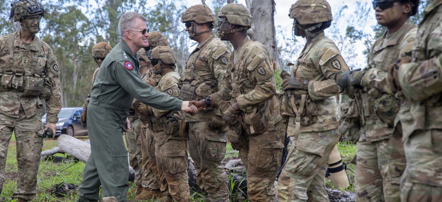 Adm. Sam Paparo, head of U.S. Indo-Pacific Command, meets with U.S. Army 25th Infantry Division Artillery Brigade soldiers at Schofield Barracks, Hawaii, on Nov. 14, 2025. 