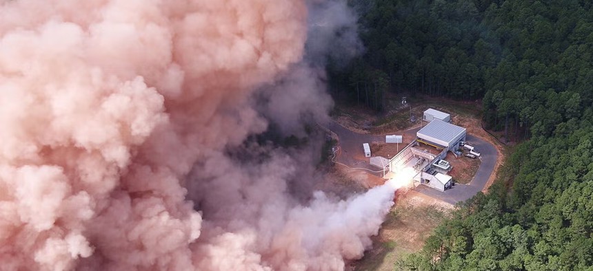 L3Harris’ advanced large solid rocket motor eSR-73 is hot-fire-tested at the company’s Camden, Arkansas, site.