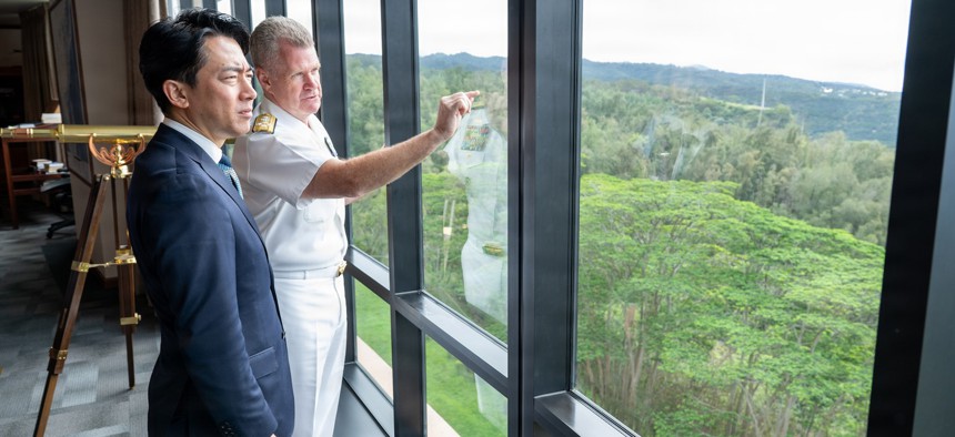 Adm. Samuel Paparo, commander of U.S. Indo-Pacific Command, meets with Shinjirō Koizumi, Japanese Minister of Defense, at USINDOPACOM headquarters, Camp H.M. Smith, Hawaii, Jan. 12, 2026.