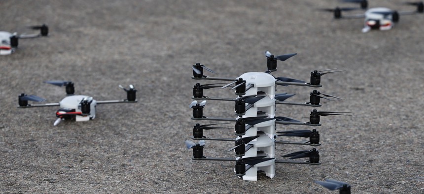 Target drones made by Michigan-based Swarm Defense Technologies were on display on November 21, 2025, during the Project Flytrap 4.5 counter-drone exercise at the military training center at Putlos, Germany.