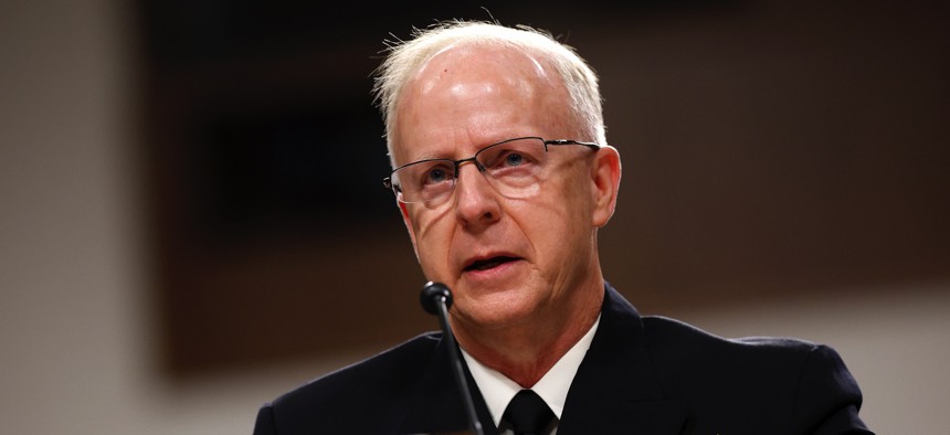 Adm. Daryl Caudle testifies during his Senate Armed Services Committee hearing into his nomination to be the chief of naval operations on July 24, 2025, in Washington, D.C. 
