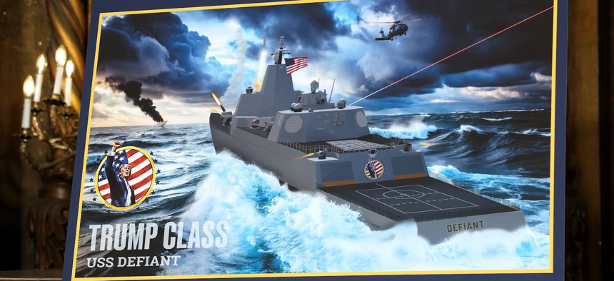 An artist rendering of the newly announced “Trump-class” battleship is displayed as President Donald Trump announces the new ship class at his Mar-a-Lago estate, Dec. 22, 2025 in Palm Beach, Florida. 