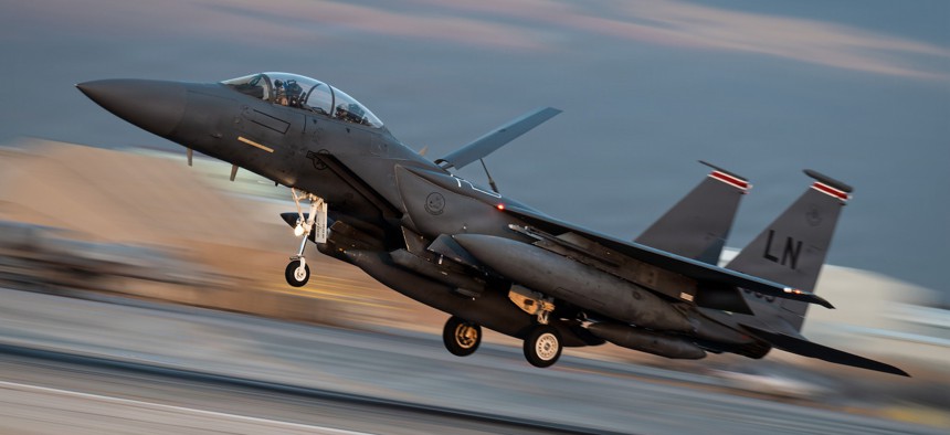 A U.S. Air Force F-15E Strike Eagle lands at a base in the Middle East, Jan. 18, 2026. 